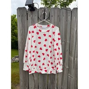First Love by Lovelyn Womens White Red Glitter Heart Long Sleeve Top Small 11718